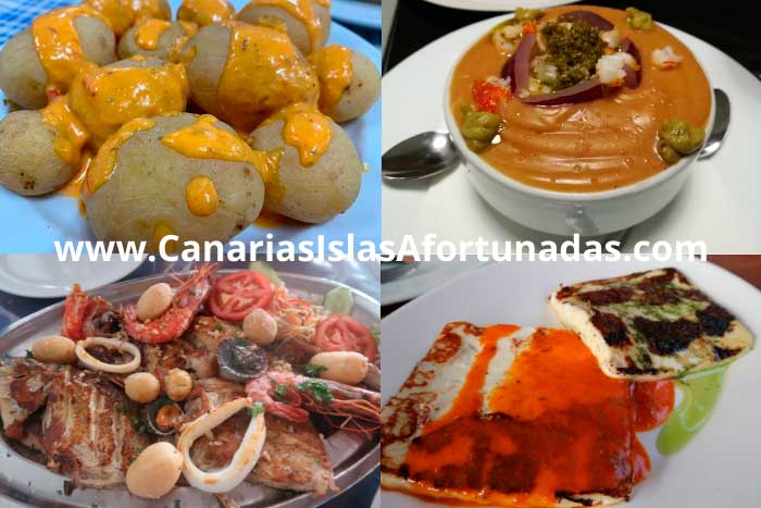 Comida Típica Canaria: mosaico con papas arrugadas con mojo picón, escaldón de gofio, pescado frito y queso asado con mojo